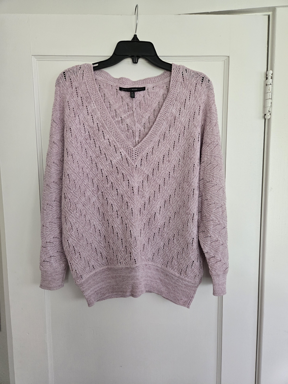 White House Black Market Light Pink Open-Knit V-Neck Sweater